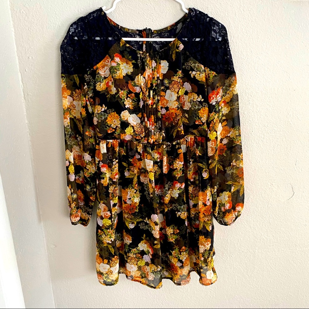 Long Sleeve Floral Print + Lace Dress